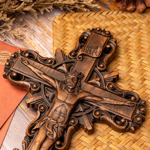 Jesus Christ crucified, wooden cross with baptismal statue, catholic cross, wall cross, religious saint image