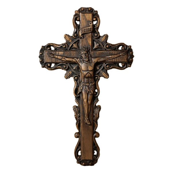 Jesus Christ crucified, wooden cross with baptismal statue, catholic cross, wall cross, religious saint image