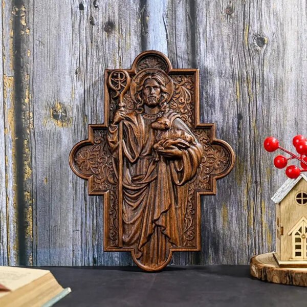 Jesus Shepherd Icon Sculpture Plaque Catholic Saints Image Faith Christian Home Wall Decor Wood Carving Gift