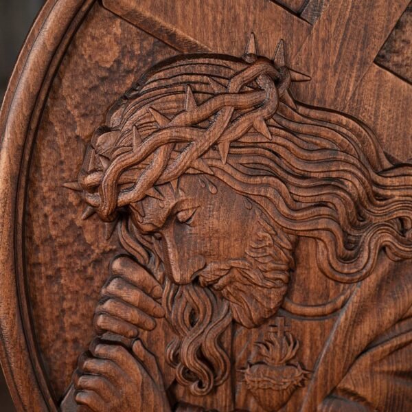 Jesus carrying the cross, Catholic religious figure, wooden icon, relief sculpture, handicraft, Christian home and decoration