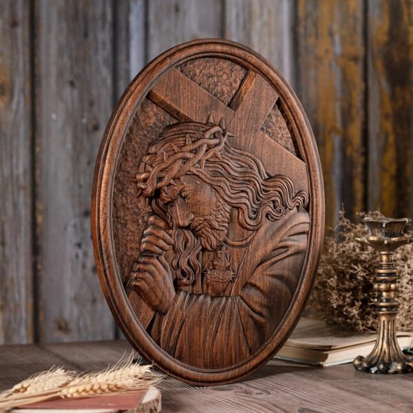 Jesus carrying the cross, Catholic religious figure, wooden icon, relief sculpture, handicraft, Christian home and decoration