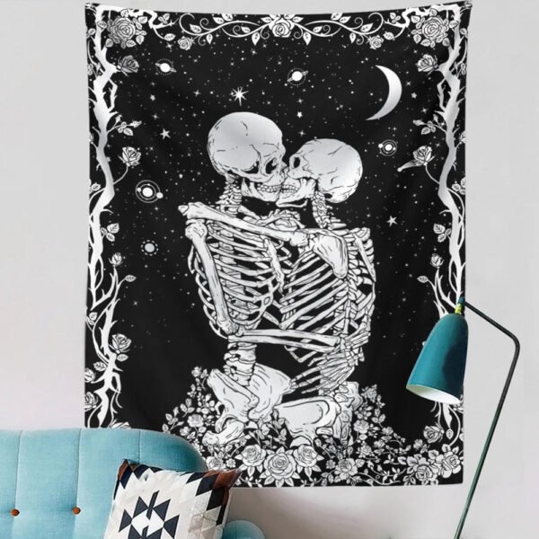 Kiss Skull Tapestry Wedding Moon Skeleton Tapestry Starry sky Tapestry Starry Tapestry Black and White Stars Tapestry for Room