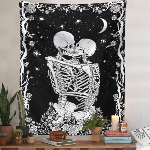 Kiss Skull Tapestry Wedding Moon Skeleton Tapestry Starry sky Tapestry Starry Tapestry Black and White Stars Tapestry for Room