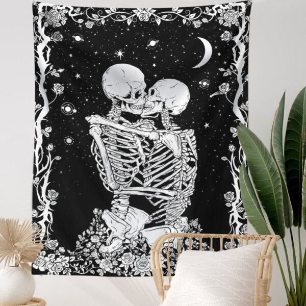 Kiss Skull Tapestry Wedding Moon Skeleton Tapestry Starry sky Tapestry Starry Tapestry Black and White Stars Tapestry for Room