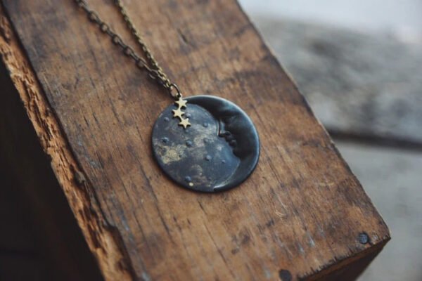 La Luna Necklace In Dark Patina. A Bohemian Crescent Moon Face and Star Constellation Statement Necklace