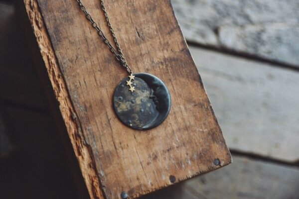 La Luna Necklace In Dark Patina. A Bohemian Crescent Moon Face and Star Constellation Statement Necklace