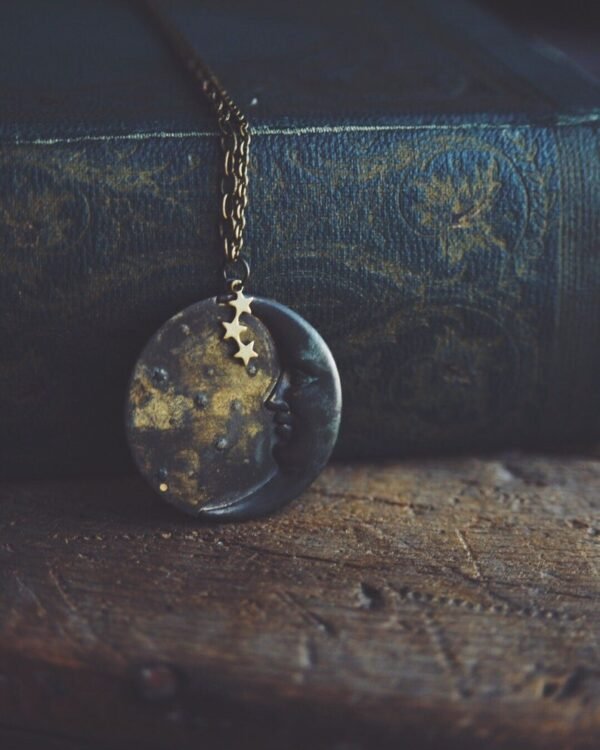 La Luna Necklace In Dark Patina. A Bohemian Crescent Moon Face and Star Constellation Statement Necklace