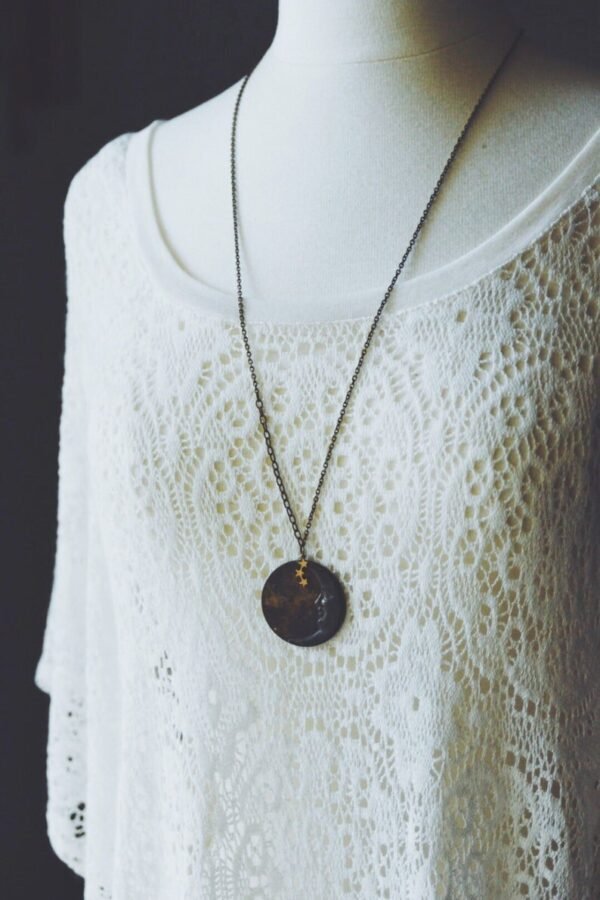La Luna Necklace In Dark Patina. A Bohemian Crescent Moon Face and Star Constellation Statement Necklace