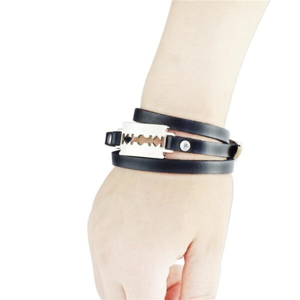 Genuine Leather Metal Razorblade  Punk Gothic Rock Bangle Bracelet