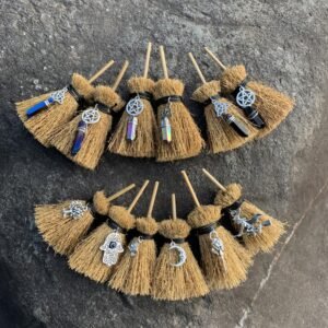 Mini Witch Broom Witchcraft accessories Raw Crystal Wicca Altar Broom Necklace Pendant Pentagram Demon Eye Skull Exorcism Car
