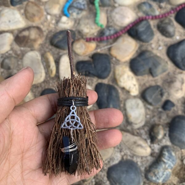Mini Witch Broom Witchcraft accessories Raw Crystal Wicca Altar Broom Necklace Pendant Pentagram Demon Eye Skull Exorcism Car