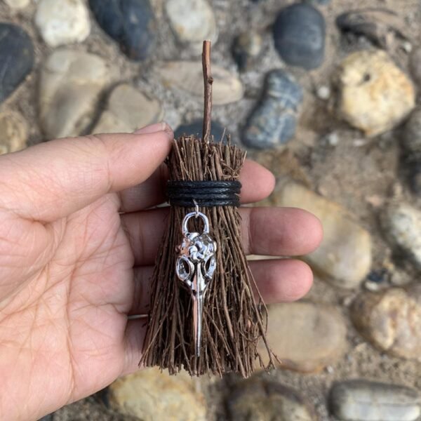 Mini Witch Broom Witchcraft accessories Raw Crystal Wicca Altar Broom Necklace Pendant Pentagram Demon Eye Skull Exorcism Car