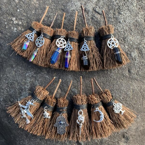 Mini Witch Broom Witchcraft accessories Raw Crystal Wicca Altar Broom Necklace Pendant Pentagram Demon Eye Skull Exorcism Car