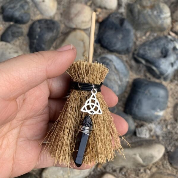 Mini Witch Broom Witchcraft accessories Raw Crystal Wicca Altar Broom Necklace Pendant Pentagram Demon Eye Skull Exorcism Car