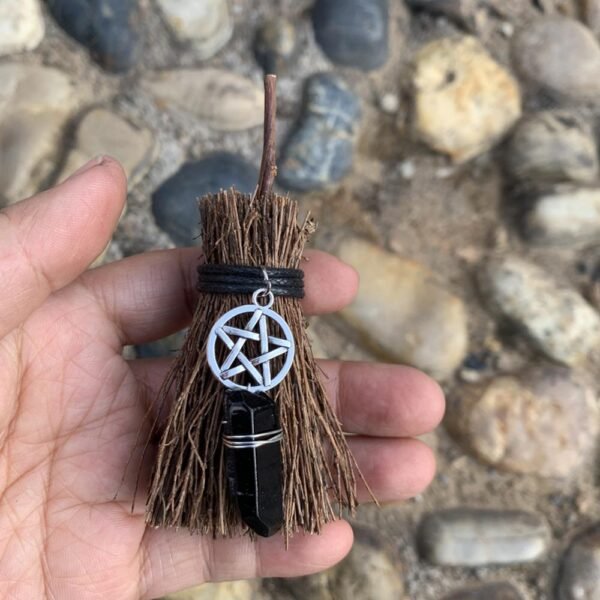 Mini Witch Broom Witchcraft accessories Raw Crystal Wicca Altar Broom Necklace Pendant Pentagram Demon Eye Skull Exorcism Car
