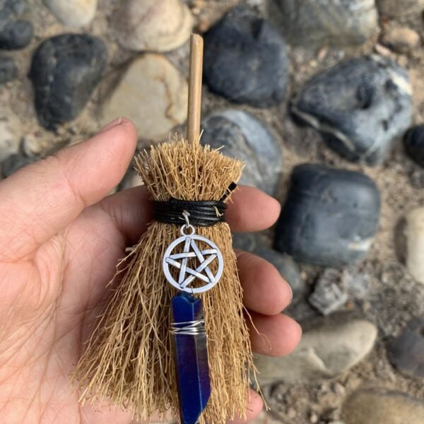 Mini Witch Broom Witchcraft accessories Raw Crystal Wicca Altar Broom Necklace Pendant Pentagram Demon Eye Skull Exorcism Car