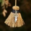 Mini Witch Broom Witchcraft accessories Raw Crystal Wicca Altar Broom Necklace Pendant Pentagram Demon Eye Skull Exorcism Car
