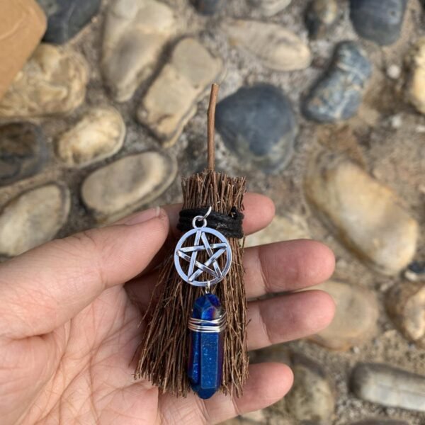 Mini Witch Broom Witchcraft accessories Raw Crystal Wicca Altar Broom Necklace Pendant Pentagram Demon Eye Skull Exorcism Car
