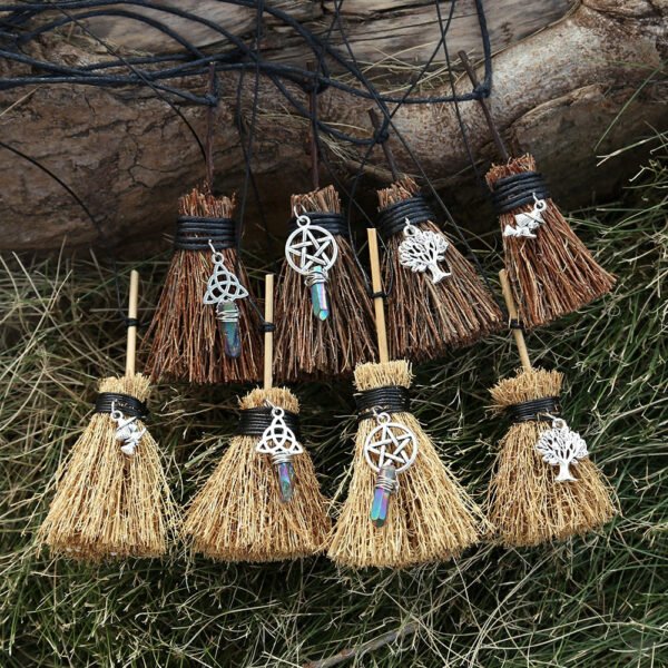 Mini Witch Broom Witchcraft accessories Raw Crystal Wicca Altar Broom Necklace Pendant Pentagram Demon Eye Skull Exorcism Car