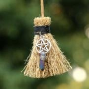 Mini Witch Broom Witchcraft accessories Raw Crystal Wicca Altar Broom Necklace Pendant Pentagram Demon Eye Skull Exorcism Car