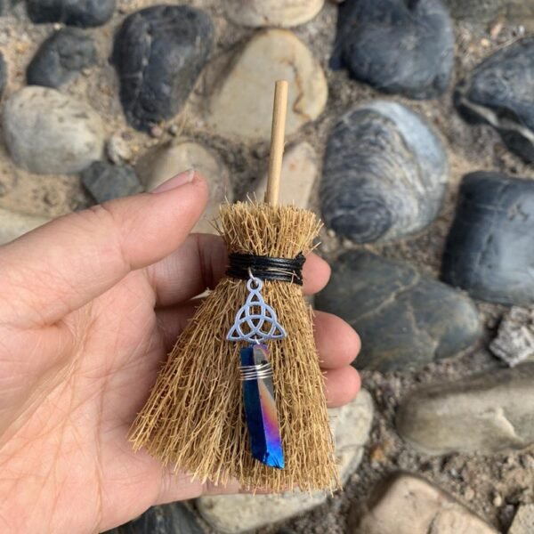 Mini Witch Broom Witchcraft accessories Raw Crystal Wicca Altar Broom Necklace Pendant Pentagram Demon Eye Skull Exorcism Car