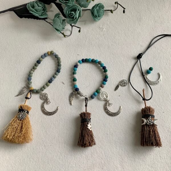 Mini altar Witch broom door protection amulet Volcanic moon witchcraft altar decoration Wicca door wall decoration car pendant