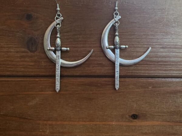 Moon & Dagger Earrings - Silver Plated /bronze Crescent Moon + Sword Dangle Earrings