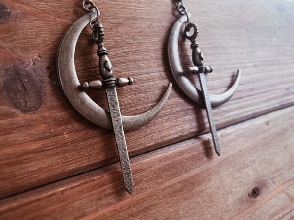 Moon & Dagger Earrings - Silver Plated /bronze Crescent Moon + Sword Dangle Earrings