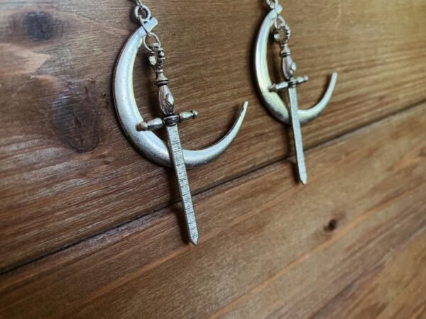 Moon & Dagger Earrings - Silver Plated /bronze Crescent Moon + Sword Dangle Earrings