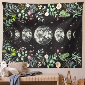 Moon-Phase-Tapestry-Wall-Hanging-Moon-Light-Green-Olive-Leaf-Black-Flower-Tapestries-Boho-Room-Wall Moon Phase Tapestry Wall Hanging Moon Light Green Olive Leaf Black Flower Tapestries Boho Room Wall Decor Home Decoration Wall