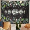 Moon Phase Tapestry Wall Hanging Moon Light Green Olive Leaf Black Flower Tapestries Boho Room Wall Decor Home Decoration Wall