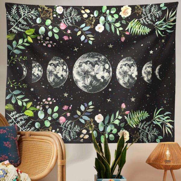 Moon Phase Tapestry Wall Hanging Moon Light Green Olive Leaf Black Flower Tapestries Boho Room Wall Decor Home Decoration Wall