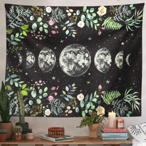 Moon Phase Tapestry Wall Hanging Moon Light Green Olive Leaf Black Flower Tapestries Boho Room Wall Decor Home Decoration Wall