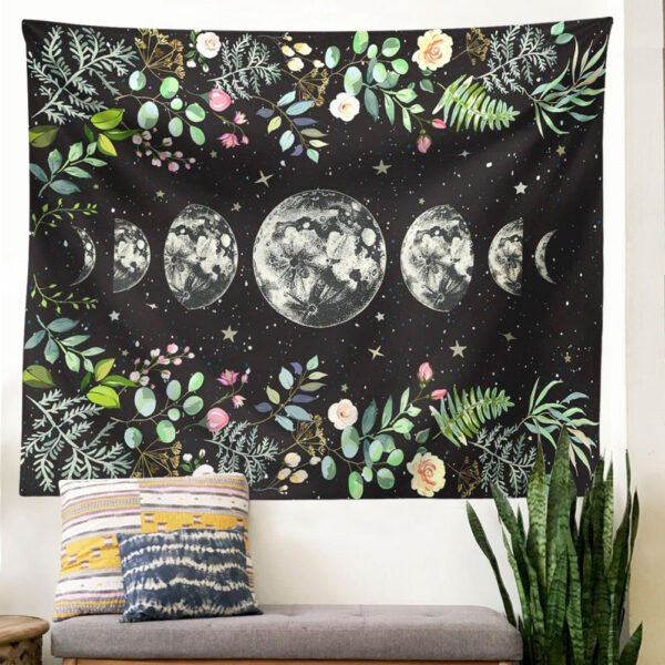 Moon Phase Tapestry Wall Hanging Moon Light Green Olive Leaf Black Flower Tapestries Boho Room Wall Decor Home Decoration Wall