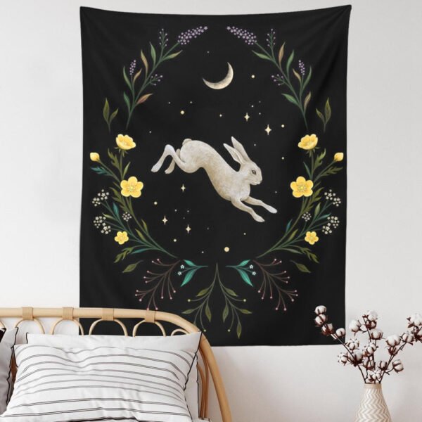 Moon Rabbit Tapestry Wall Hanging Hand Hippie Floral Witchcraft Decor Tapestries Indian Boho Mandala Wall Carpet Blanket