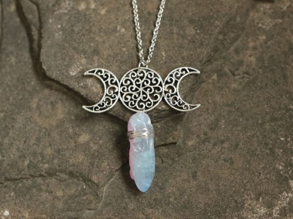 Moon Raw Crystal Pendant Three Phase Moon Necklace Colorful Crystal Necklace Natural Crystal Jewelry Gift