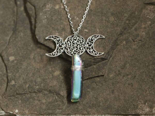Moon Raw Crystal Pendant Three Phase Moon Necklace Colorful Crystal Necklace Natural Crystal Jewelry Gift