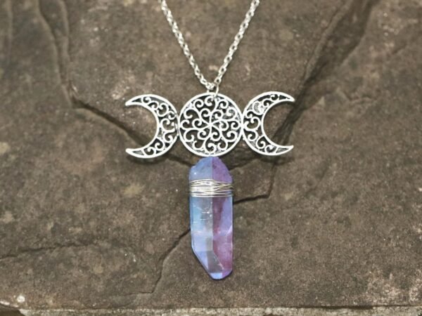 Moon Raw Crystal Pendant Three Phase Moon Necklace Colorful Crystal Necklace Natural Crystal Jewelry Gift