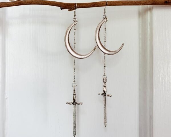 Moon Sword Earrings - Sword Earrings - Crescent Moon Earrings - Mystic Jewelry - Goth Earrings