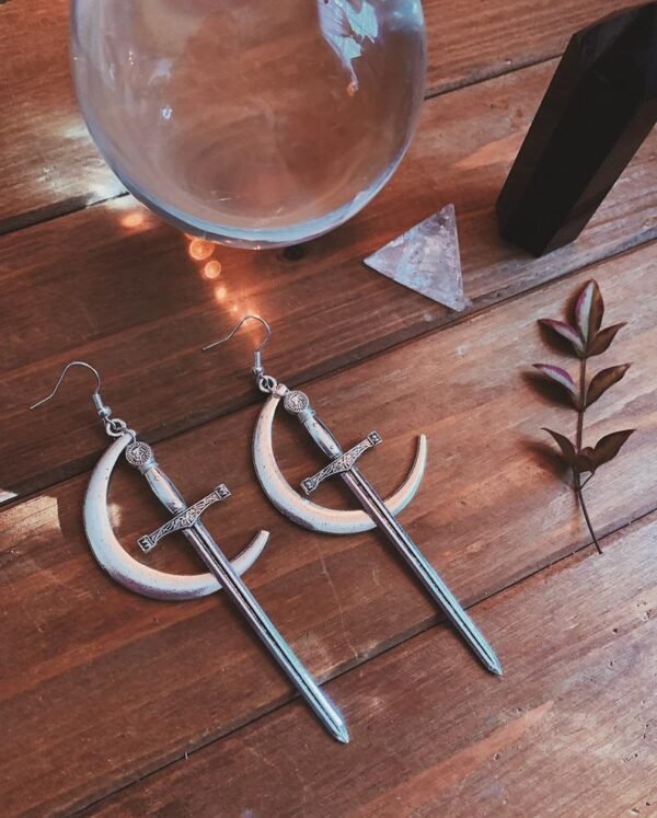 Moon & Sword Earrings - silver plated crescent moon + long blade dangle earrings