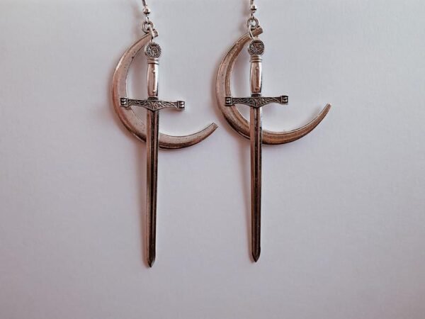 Moon & Sword Earrings - silver plated crescent moon + long blade dangle earrings