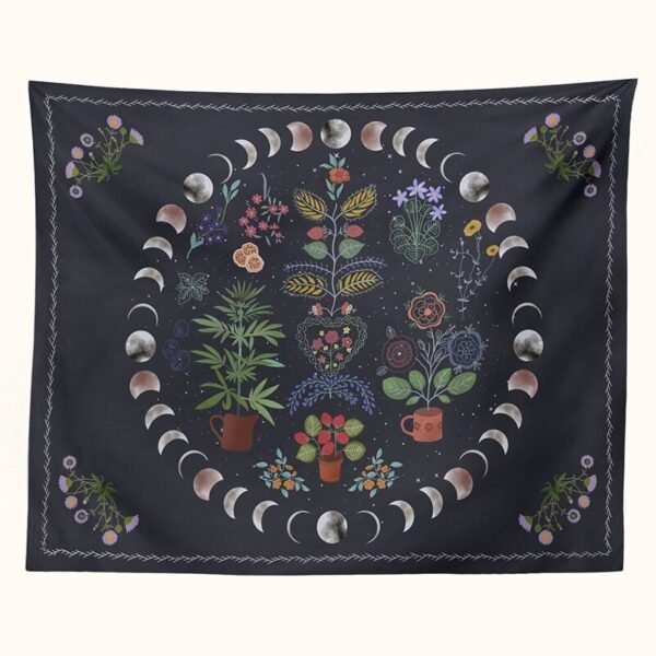Moonlit Garden Tapestry Moon Phase Tapestry Floral Tapestries Black Background Flowers Tapestry Wall Hanging for Room Home Decor