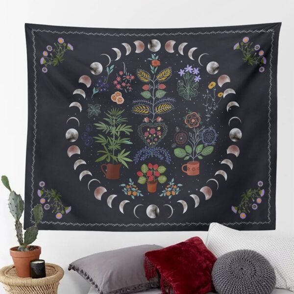 Moonlit Garden Tapestry Moon Phase Tapestry Floral Tapestries Black Background Flowers Tapestry Wall Hanging for Room Home Decor
