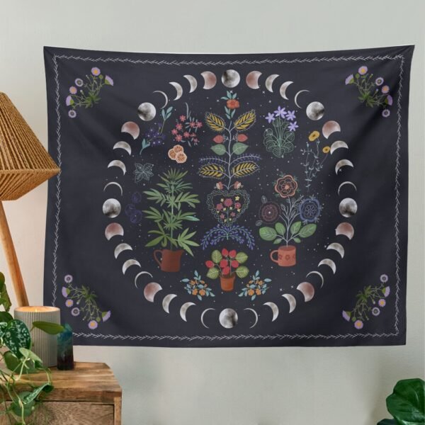 Moonlit Garden Tapestry Moon Phase Tapestry Floral Tapestries Black Background Flowers Tapestry Wall Hanging for Room Home Decor