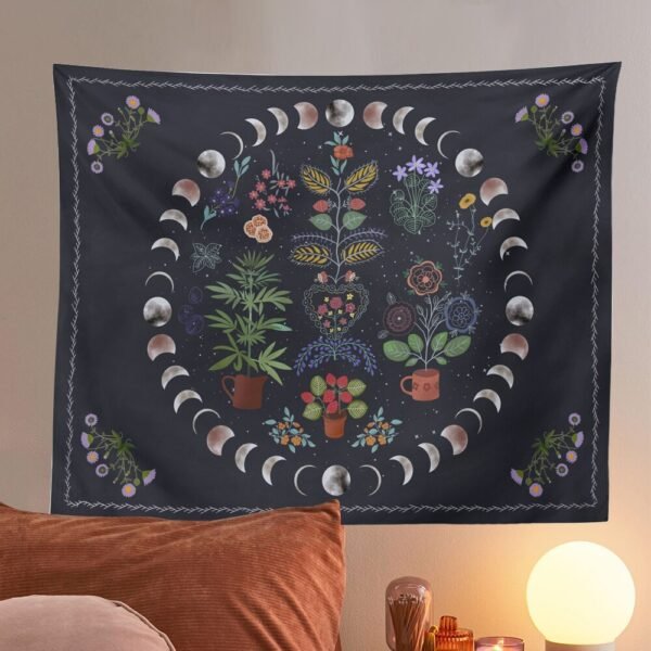 Moonlit Garden Tapestry Moon Phase Tapestry Floral Tapestries Black Background Flowers Tapestry Wall Hanging for Room Home Decor