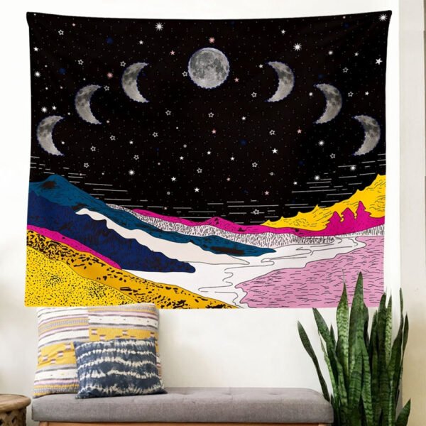 Moonlit Garden Tapestry, Moon Phase Tapestry Star Tapestries Psychedelic Mountain Flower Tapestry Wall Hanging for Room