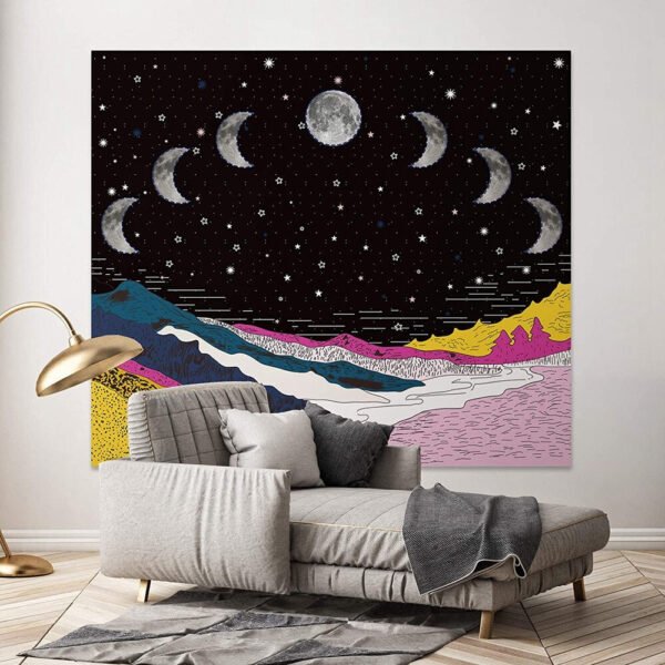 Moonlit Garden Tapestry, Moon Phase Tapestry Star Tapestries Psychedelic Mountain Flower Tapestry Wall Hanging for Room