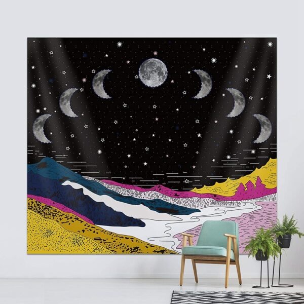 Moonlit Garden Tapestry, Moon Phase Tapestry Star Tapestries Psychedelic Mountain Flower Tapestry Wall Hanging for Room
