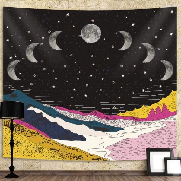 Moonlit Garden Tapestry, Moon Phase Tapestry Star Tapestries Psychedelic Mountain Flower Tapestry Wall Hanging for Room
