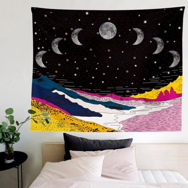 Moonlit Garden Tapestry, Moon Phase Tapestry Star Tapestries Psychedelic Mountain Flower Tapestry Wall Hanging for Room